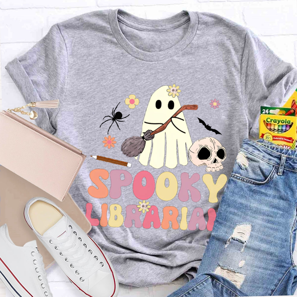 Spooky Librarian Cute Ghost Holding A Mop Halloween T-shirt