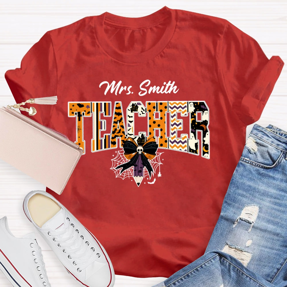Personalized Name Teacher Halloween Bow Tie Pencil T-shirt