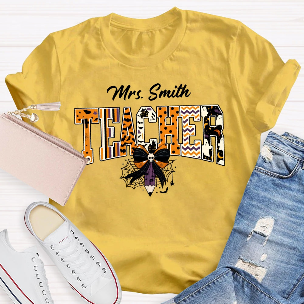 Personalized Name Teacher Halloween Bow Tie Pencil T-shirt