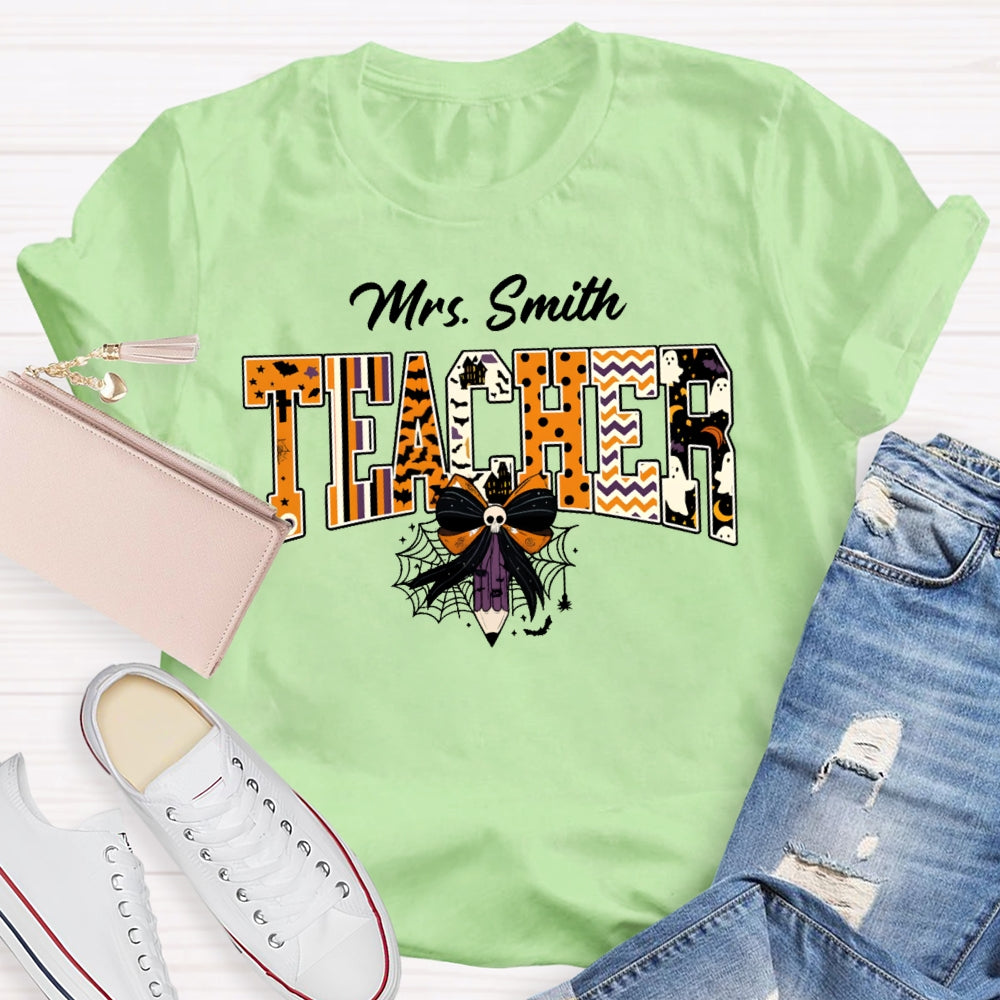 Personalized Name Teacher Halloween Bow Tie Pencil T-shirt