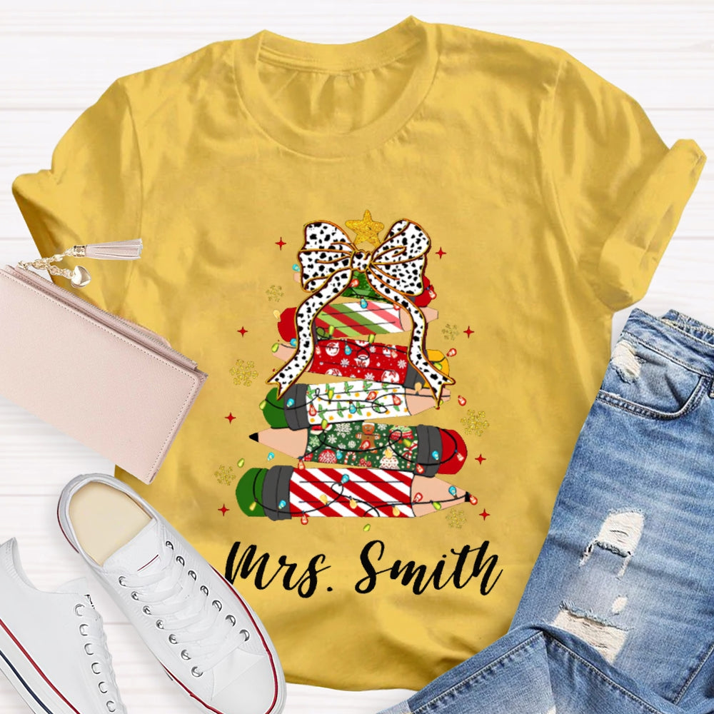 Personalized Name Bow And Christmas Tree Pencils T-shirt