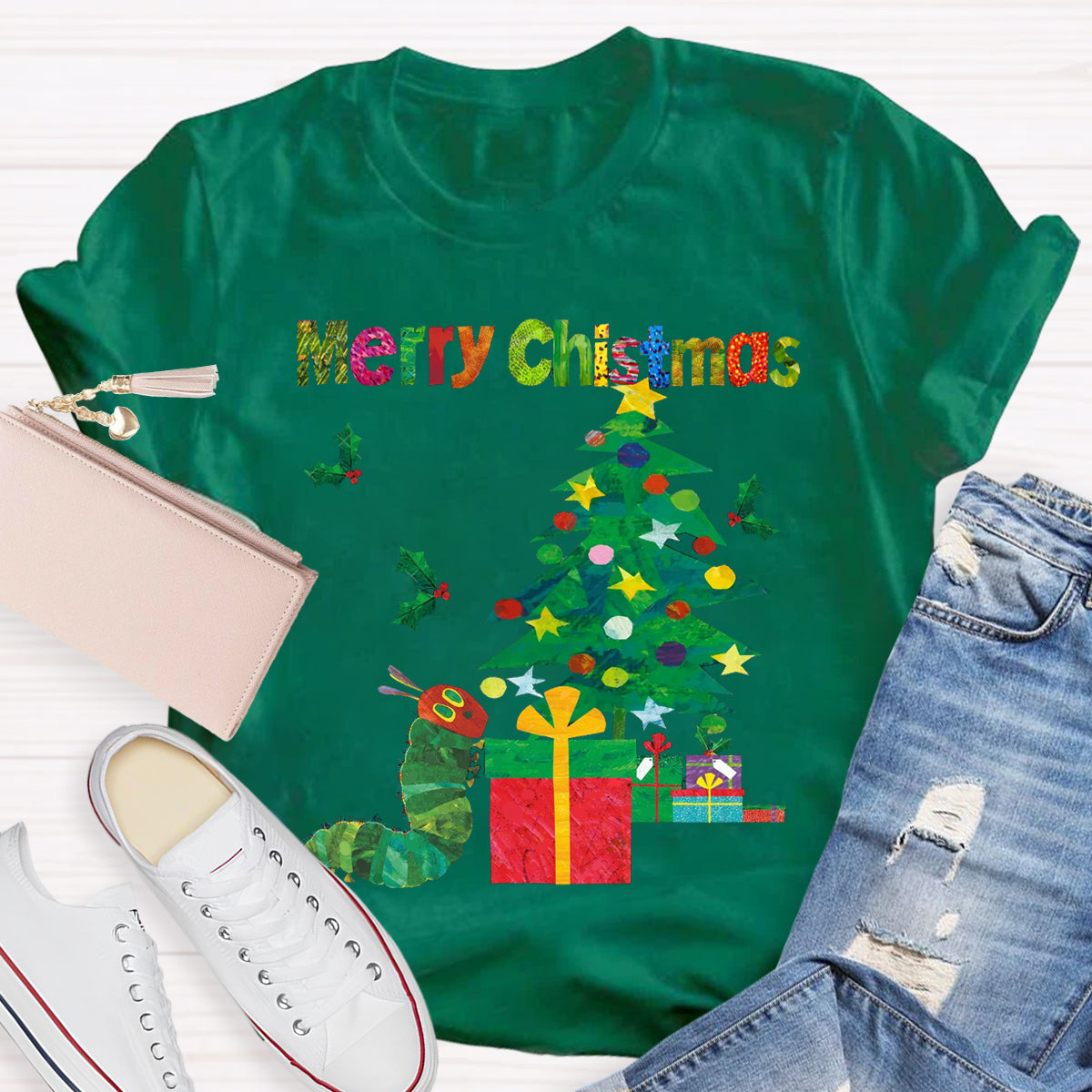 Merry Christmas Caterpillar Crawling Towards Christmas Tree T-Shirt