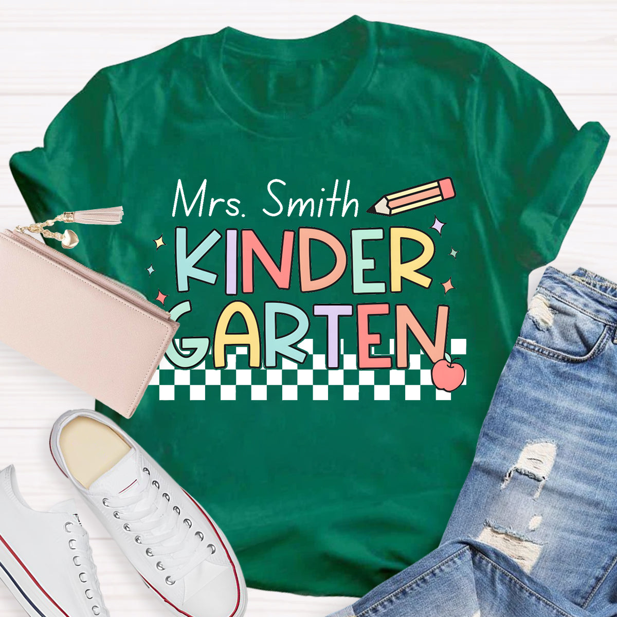 Personalized Name And Grade Checkerboard Teacher T-Shirt