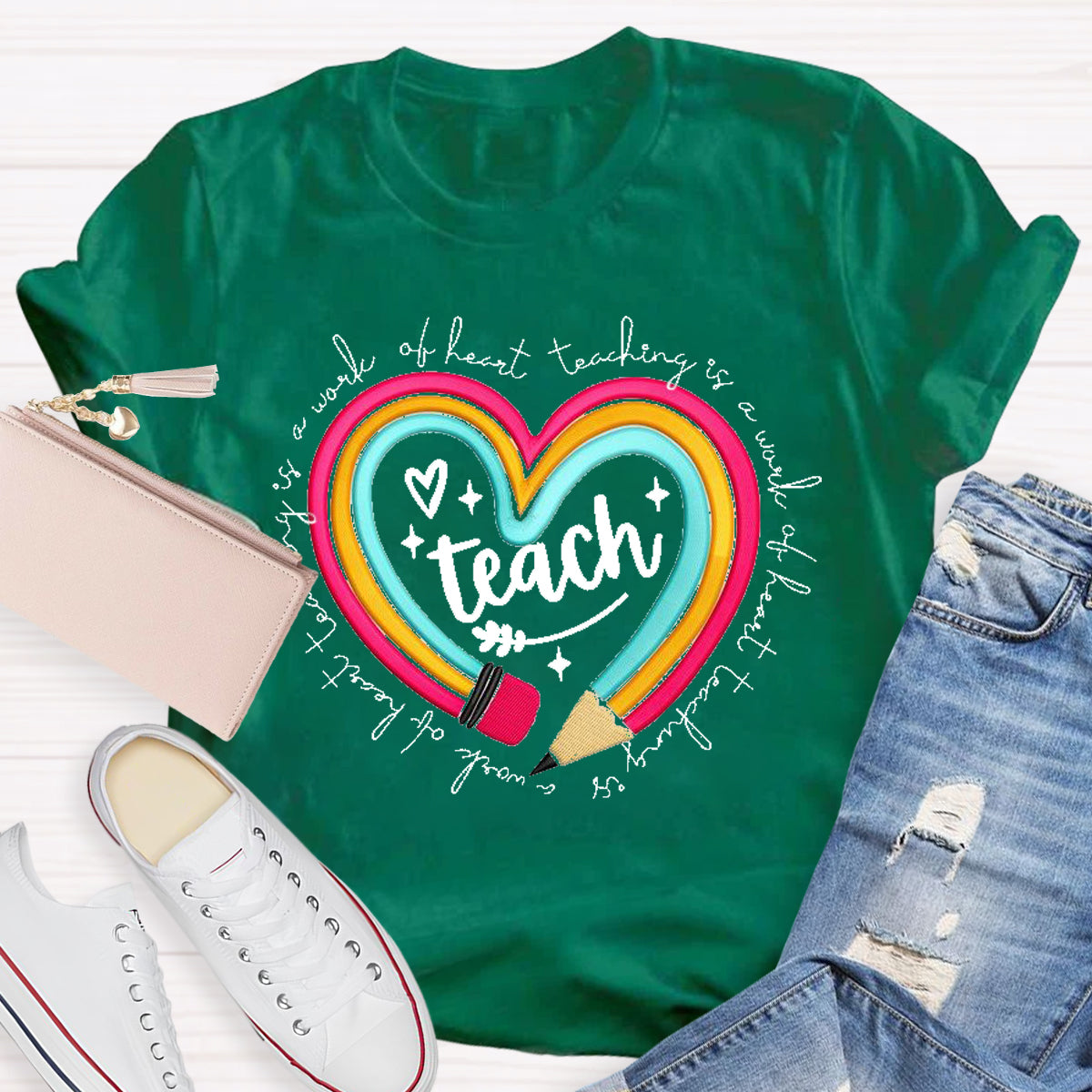 Teach Is A Work Of Heart Rainbow Pencil Teacher T-Shirt