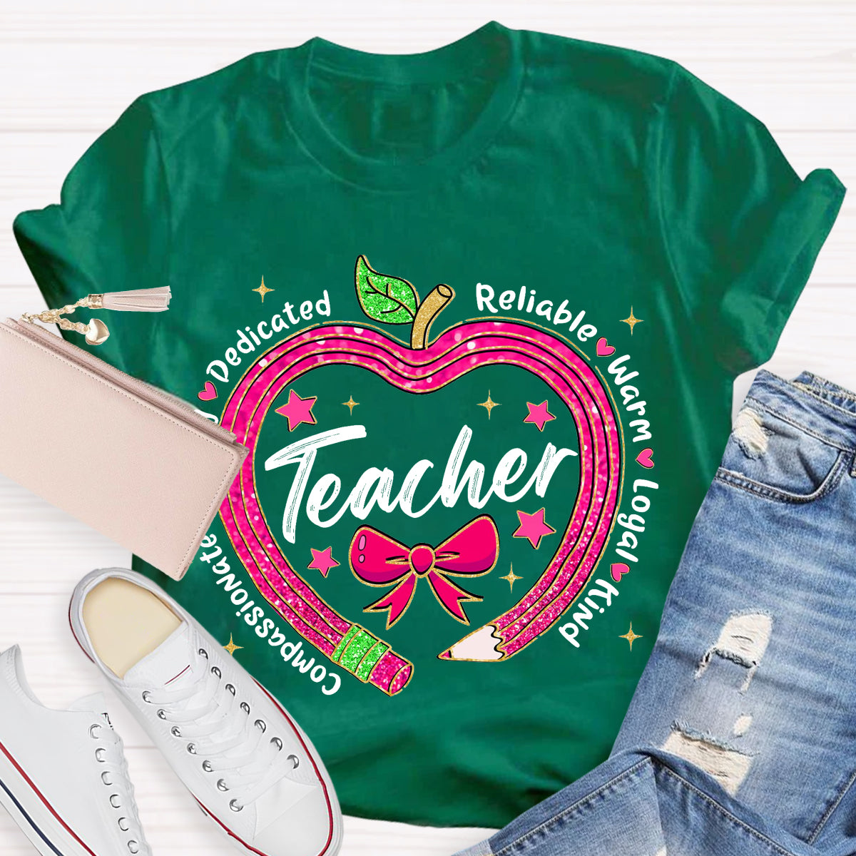Reliable Warm Glitter Apple Pencil Heart Teacher T-Shirt