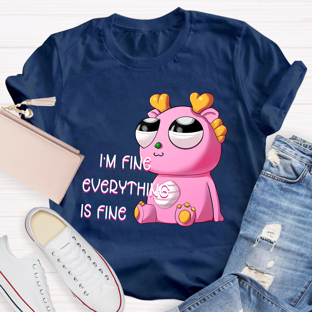 I'm Fine Everything is Fine Pink Big Eyes Dragon T-Shirt