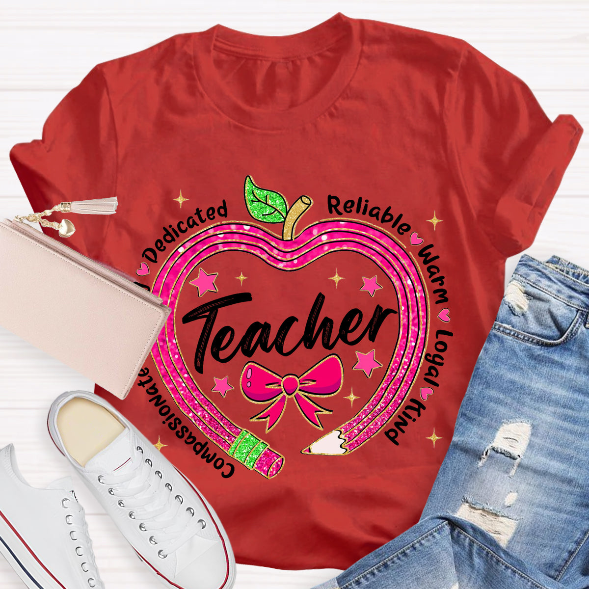Reliable Warm Glitter Apple Pencil Heart Teacher T-Shirt