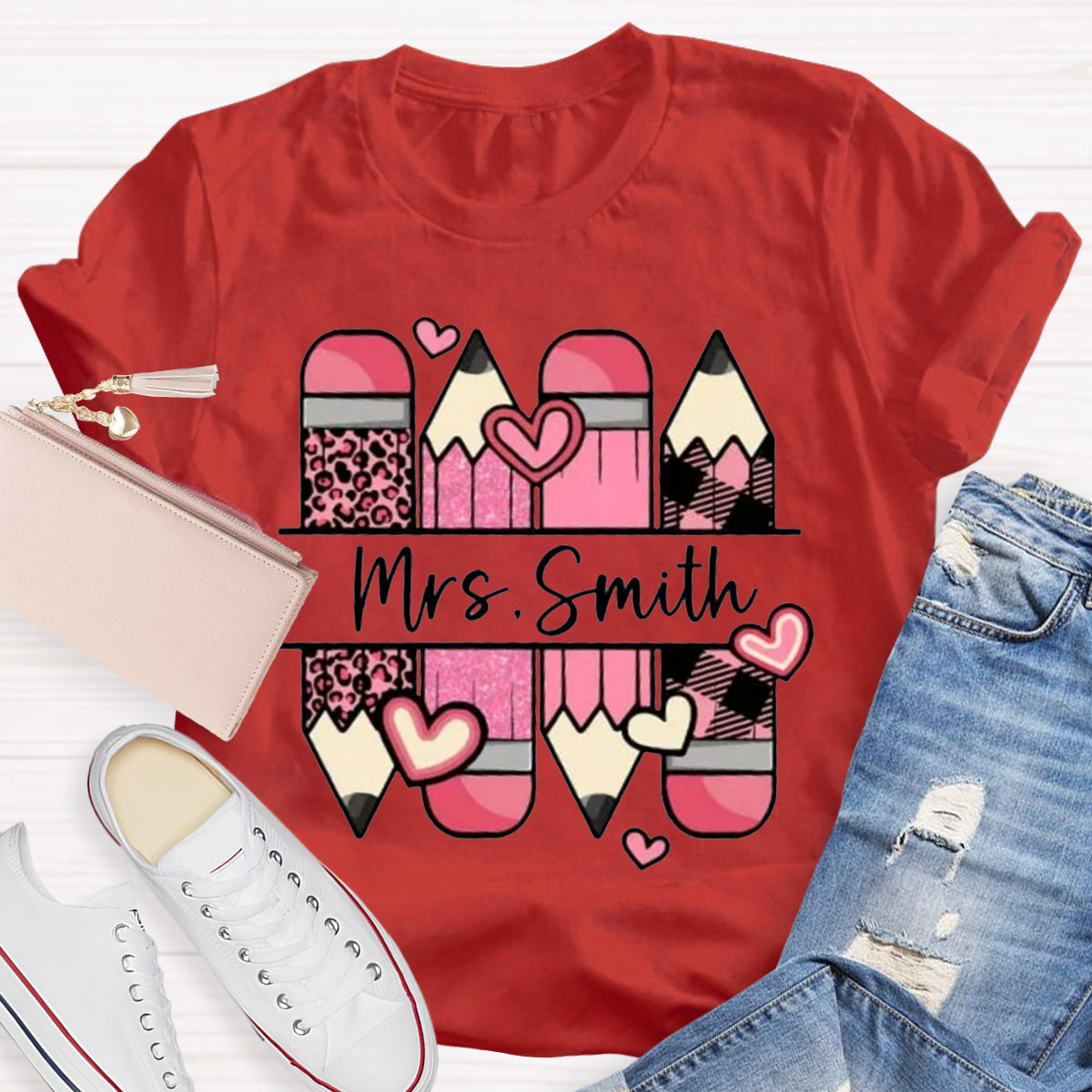 Personalized Name Pink Pencil Heart Mrs Smith T-Shirt