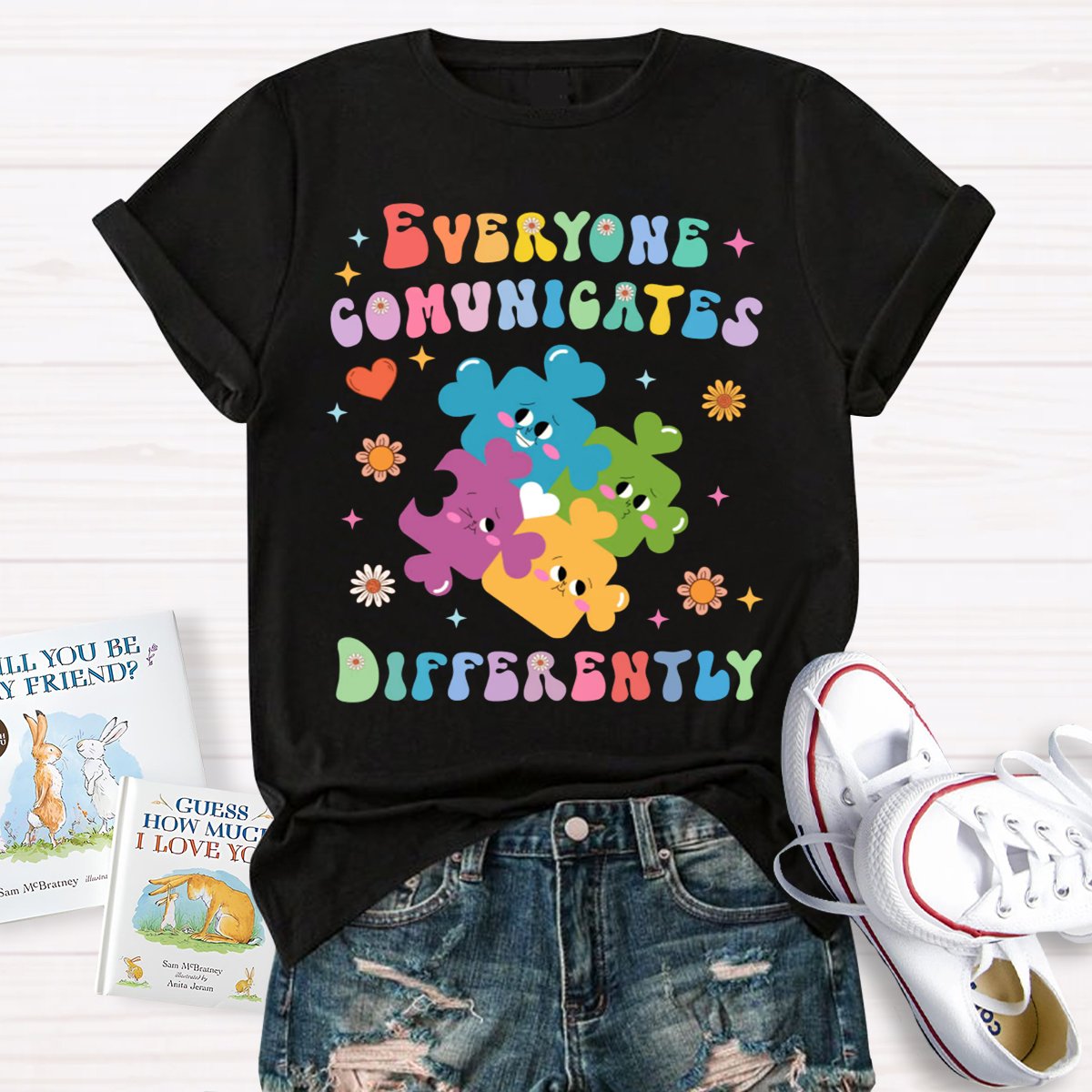 Everyone Communicates Differently Colored Puzzle Teacher T-Shirt