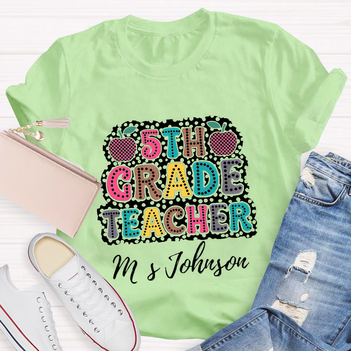 Personalized Name And Grade Checkerboard Apple Teacher T-Shirt