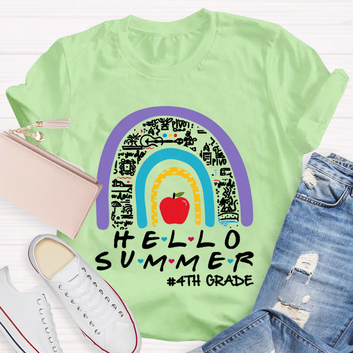 Personalized Grade Hello Summer Apple Rainbow Teacher T-Shirt