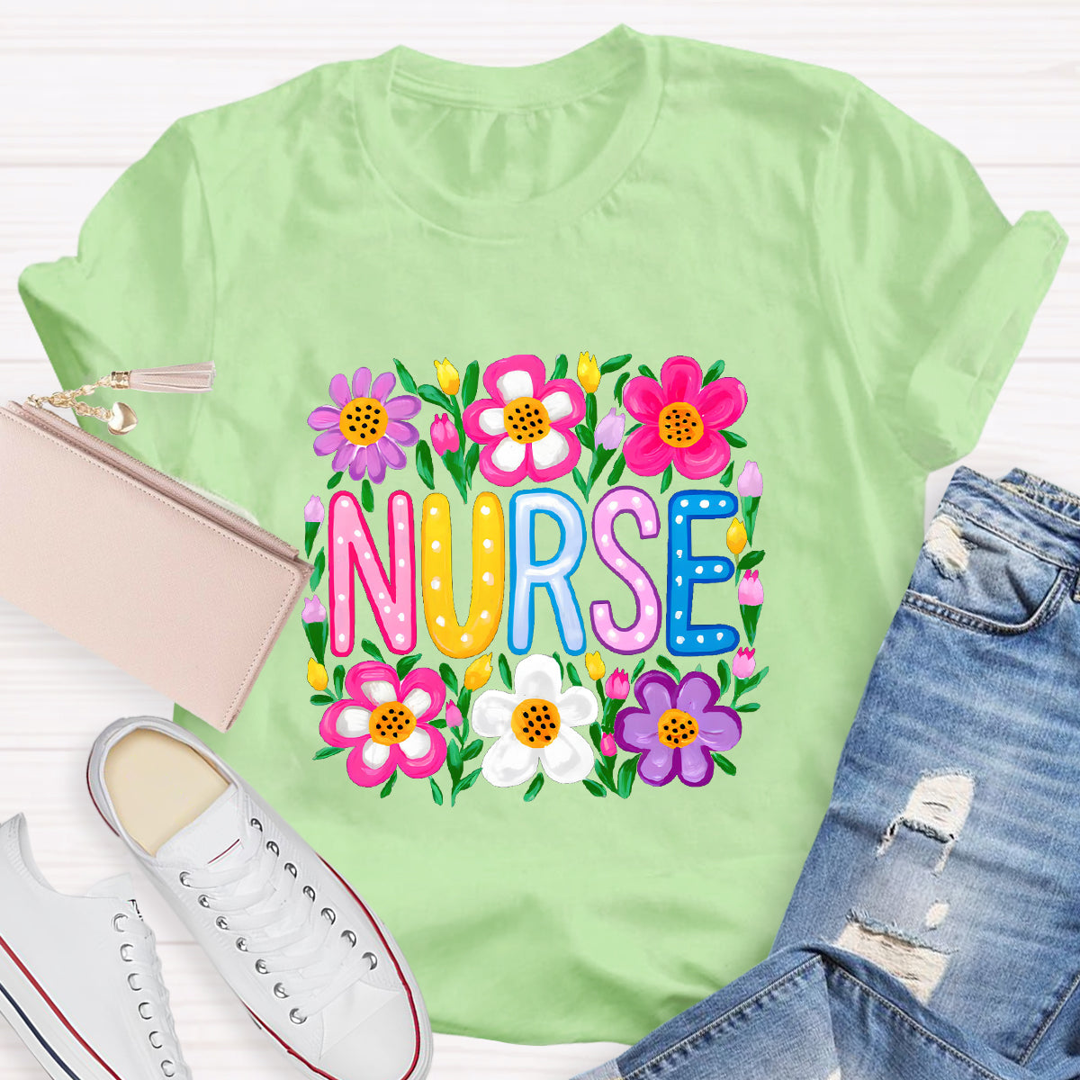 Floral School Nurse T-Shirt