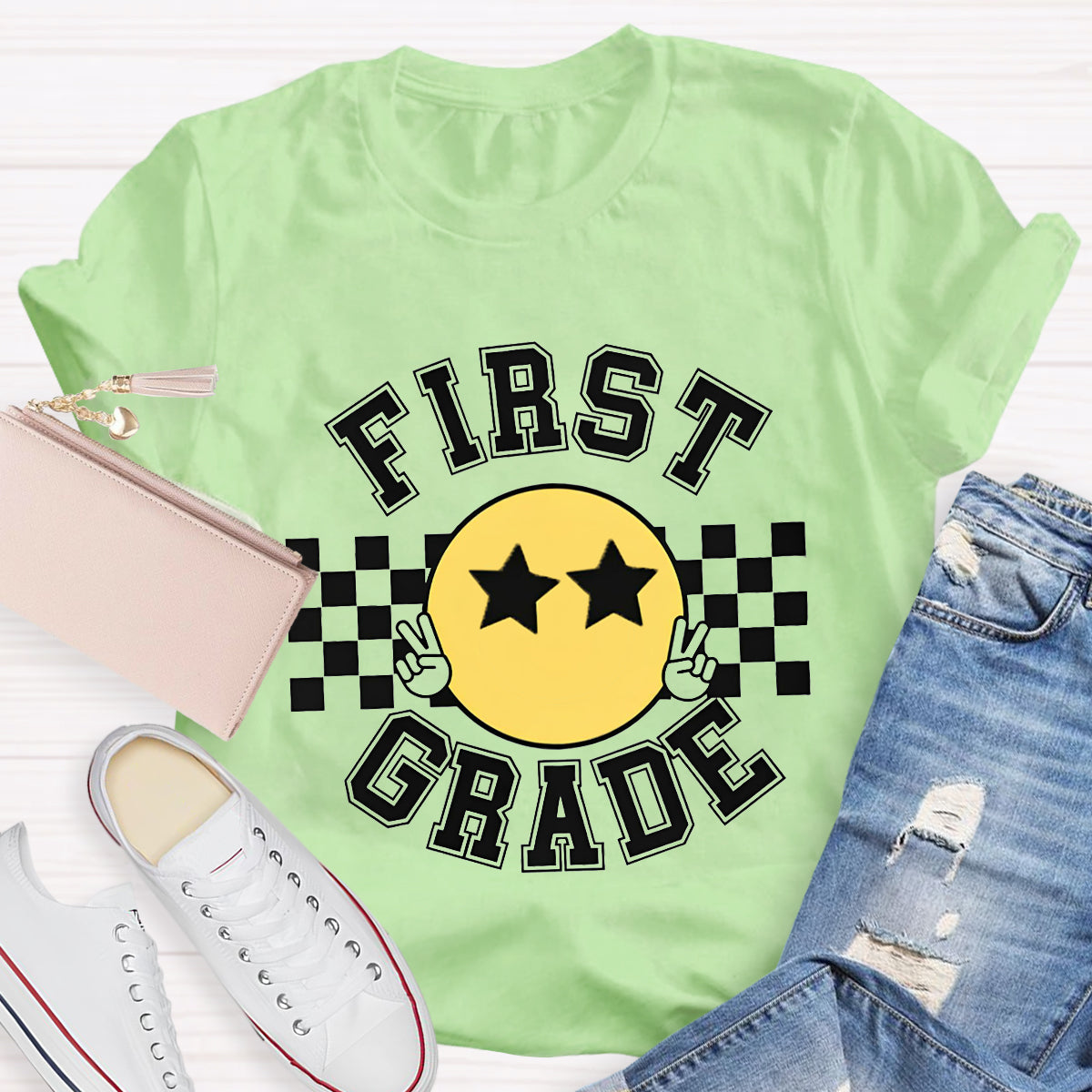 Personalized Grade Chessboard Pattern Teacher T-Shirt