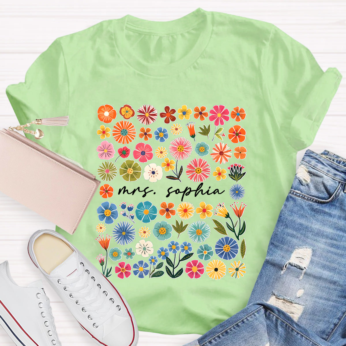Personalized Name Vintage Florals l Teacher T-Shirt