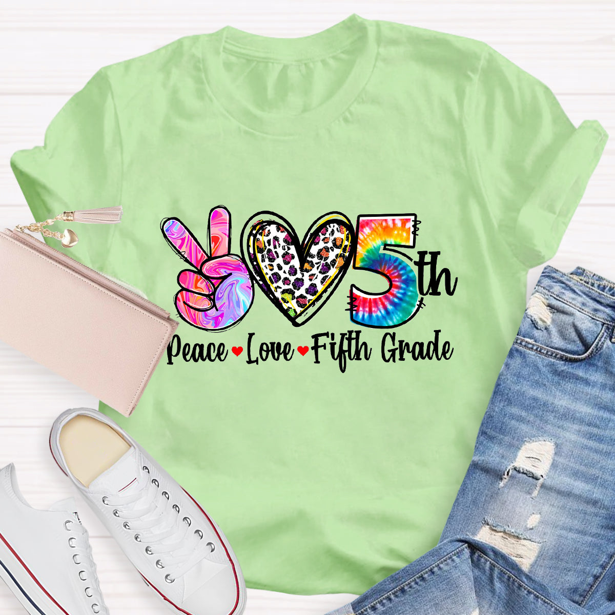 Personalized Grade Peace Love 5th Grade Teacher T-Shirt