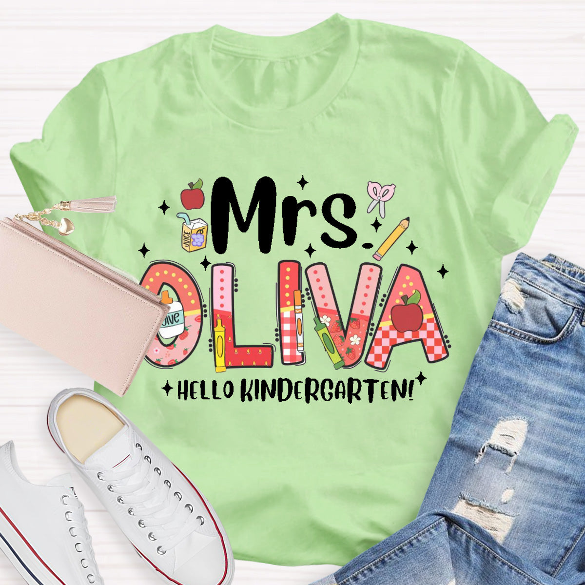 Personalized Name Hello Kindergarten Teacher T-Shirt