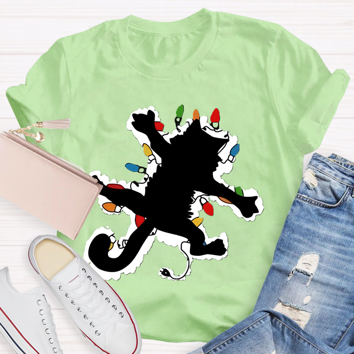 Pussy Cat And Lights Christmas T-Shirt