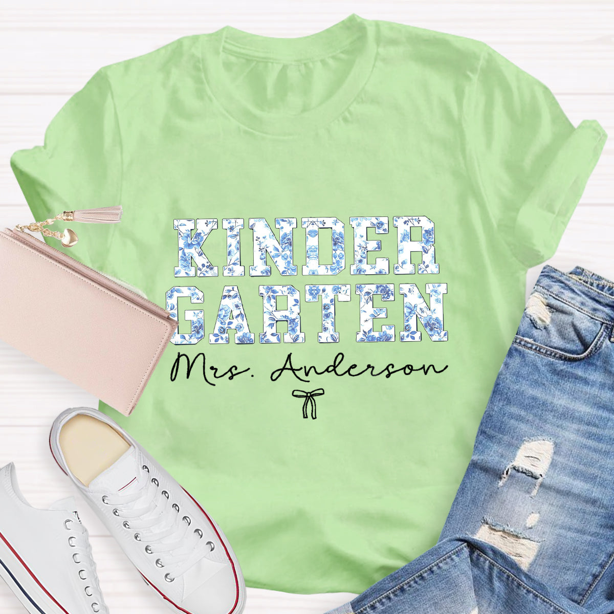Personalized Kindergarten Teacher Name Blue Flower T-Shirt