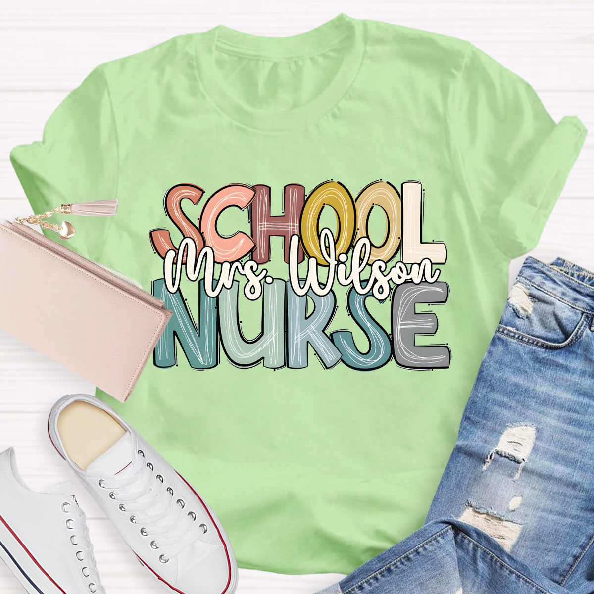 Personalized School Nurse Name Colorful Letter T-Shirt