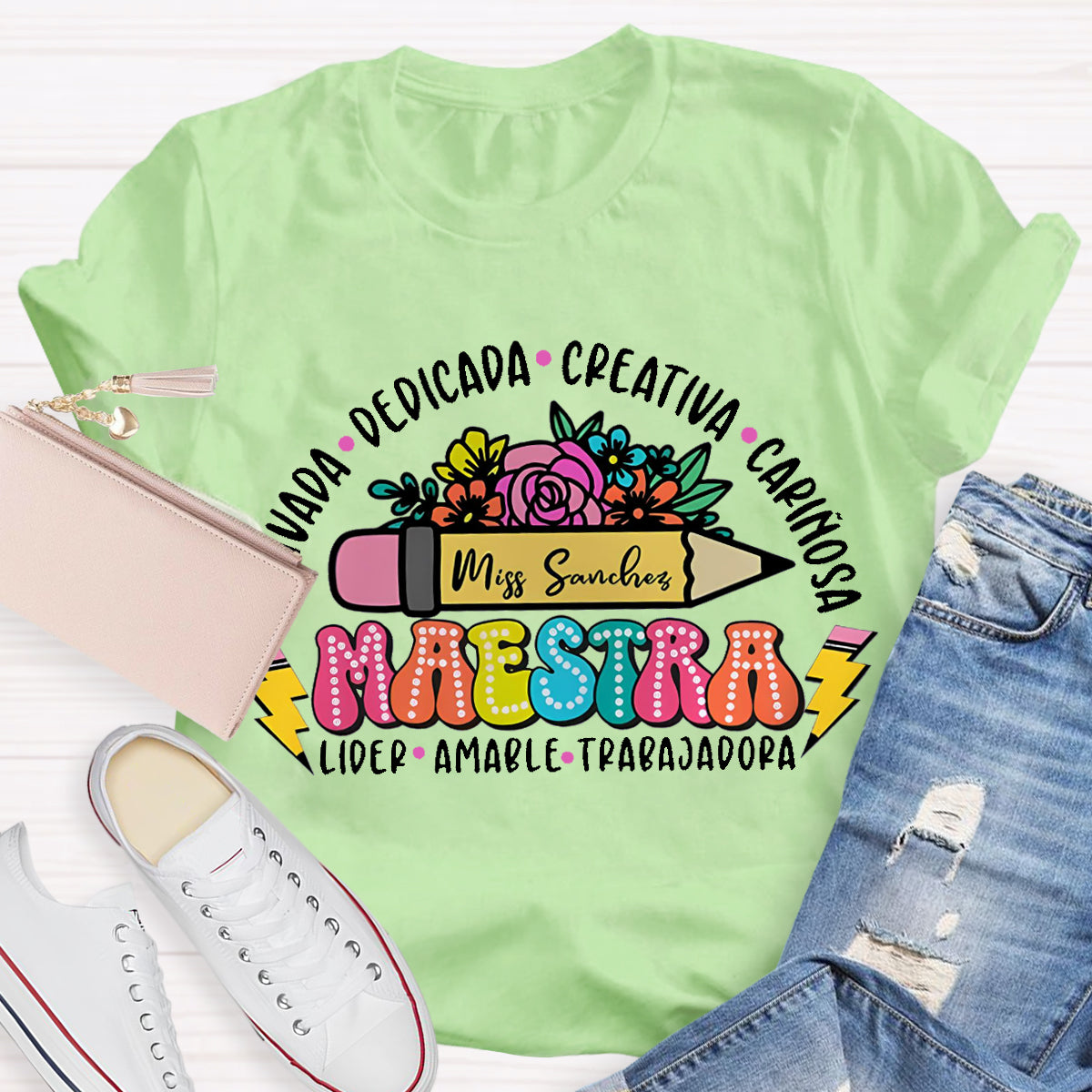Personalize Name Maestra Pencil Teacher T-Shirt