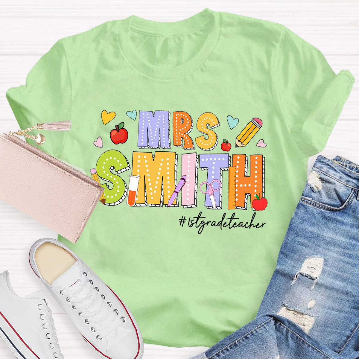 Personalized Name And Grade Heart Teacher T-Shirt
