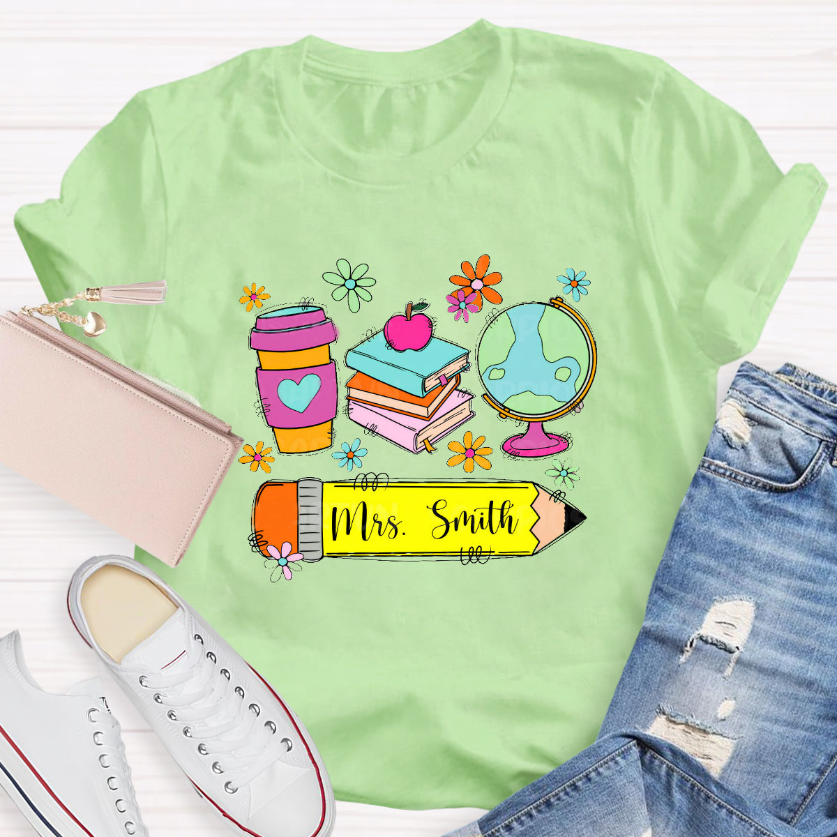 Personalized Teacher Name Coffee Books T-Shirt
