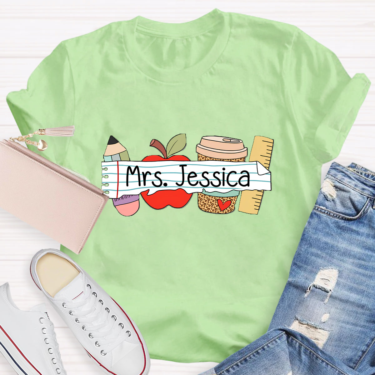 Personalized Teacher's Name Apple Pencil Coffee T-Shirt