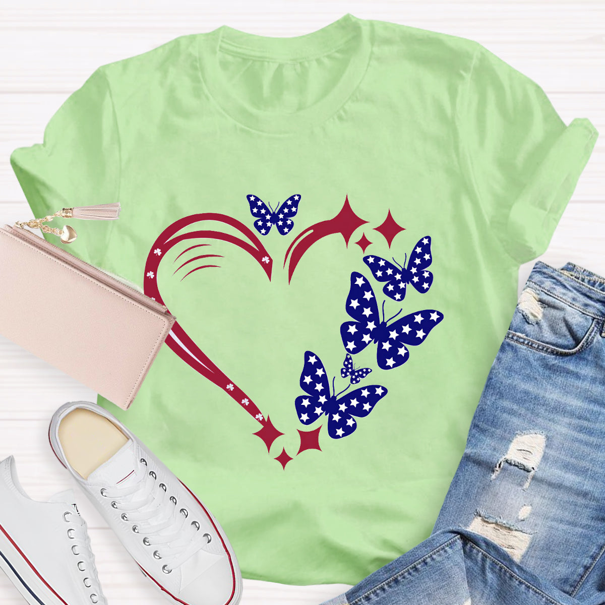 Stars And Strips Butterfly Teacher T-Shirt