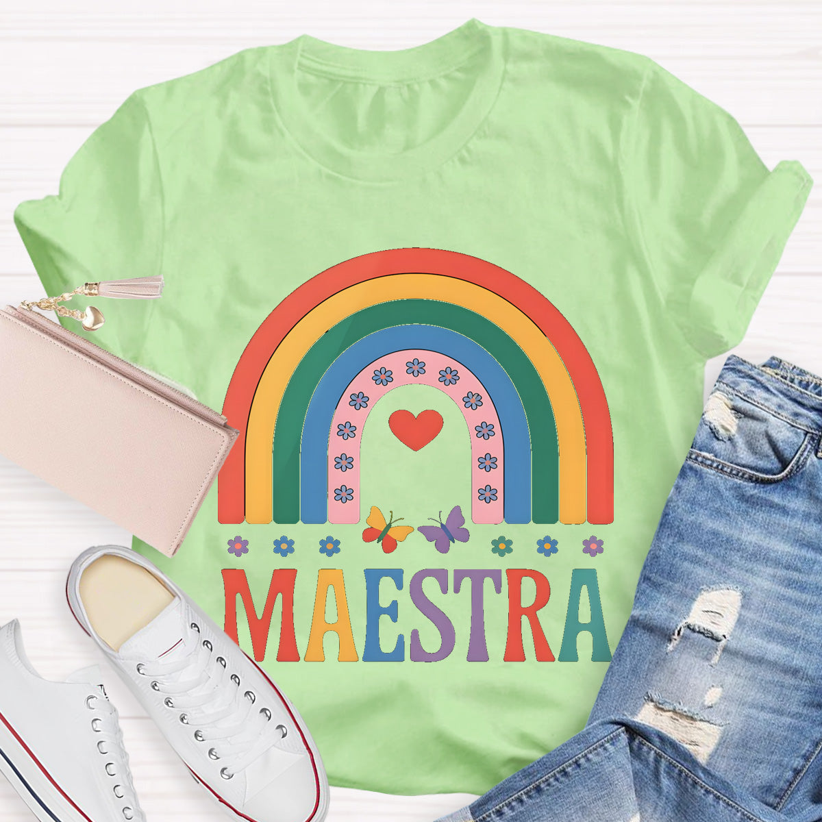 Rainbow Butterfly Maestra Bilingual Teacher T-Shirt