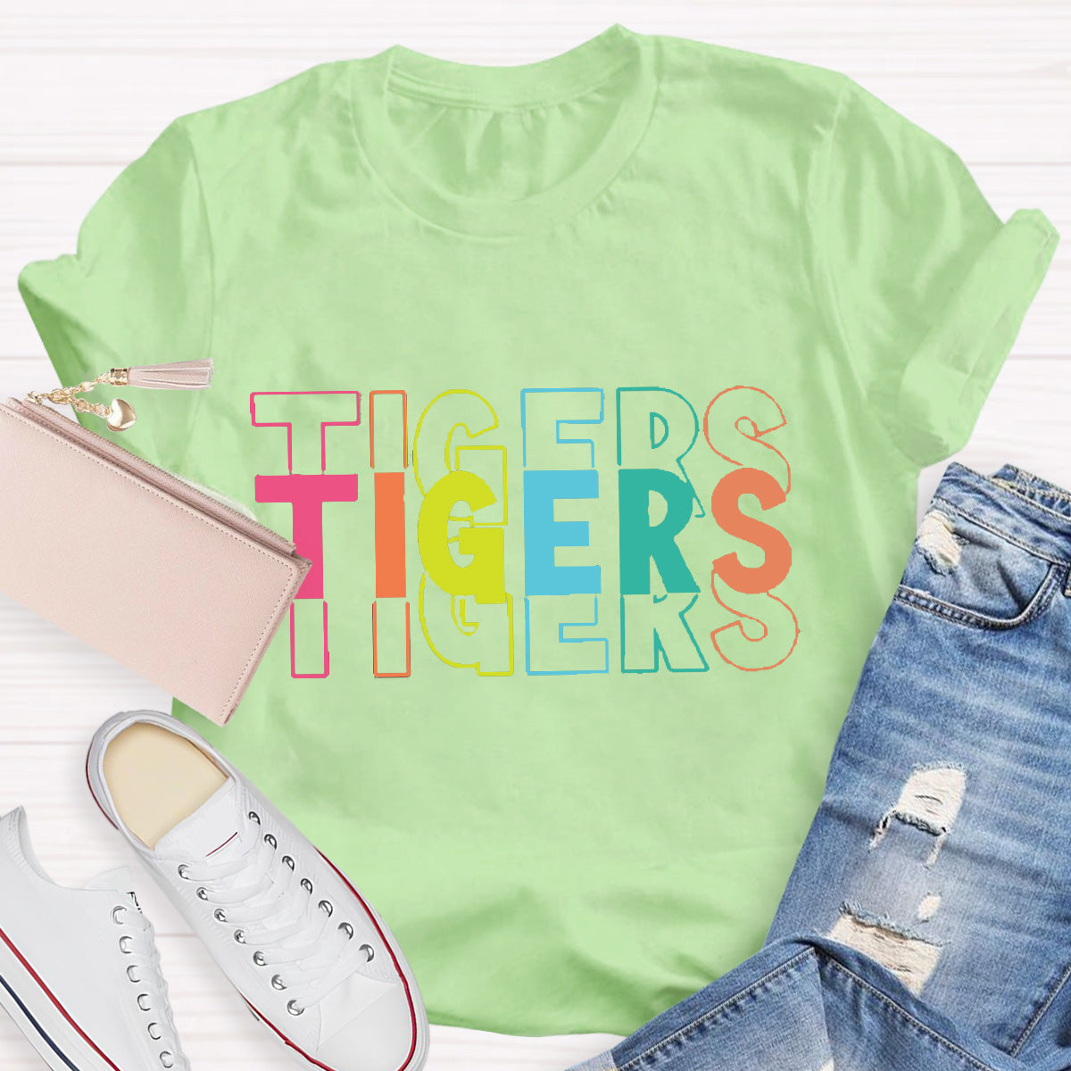 Personalized Mascot Tigers Colorful Letters Teacher T-Shirt