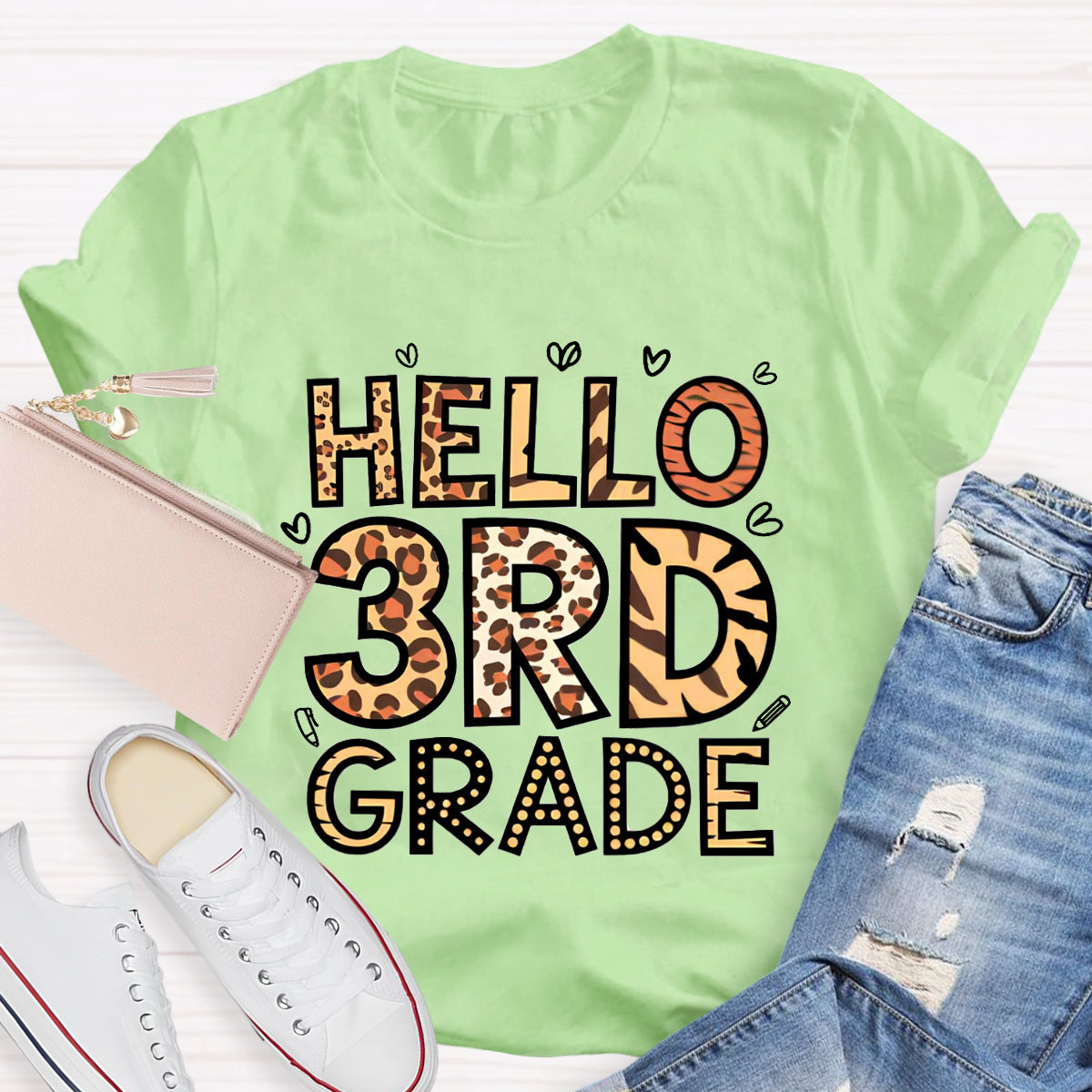 Personalized Grade Hello 3rd Grade Leopard Printed Teacher T-Shirt