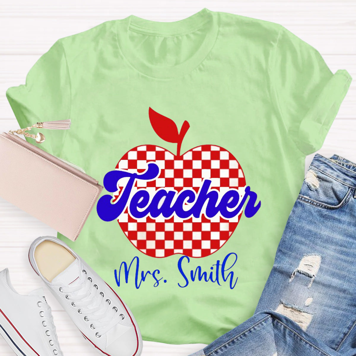 Personalized Name Red Apple Teacher T-Shirt