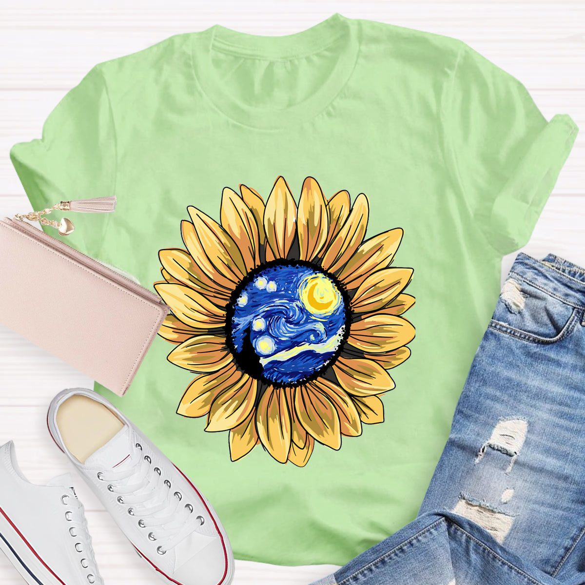 Starry Sky Art Sunflower Teacher T-Shirt