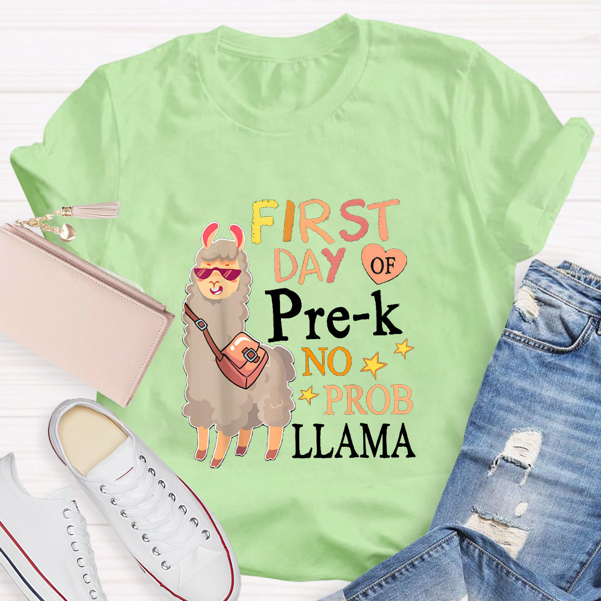 Personalized Grade First Day Of Pre-k No Prob Llama Spanish Teacher T-Shirt