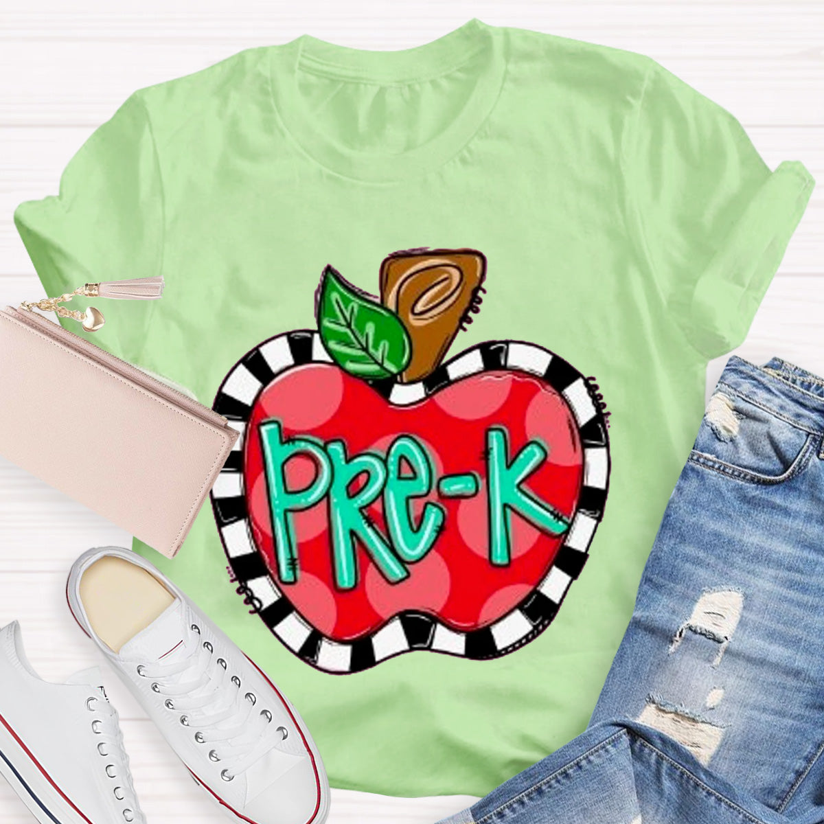 Personalized Grade Teacher Color Block Apple Printed T-Shirt