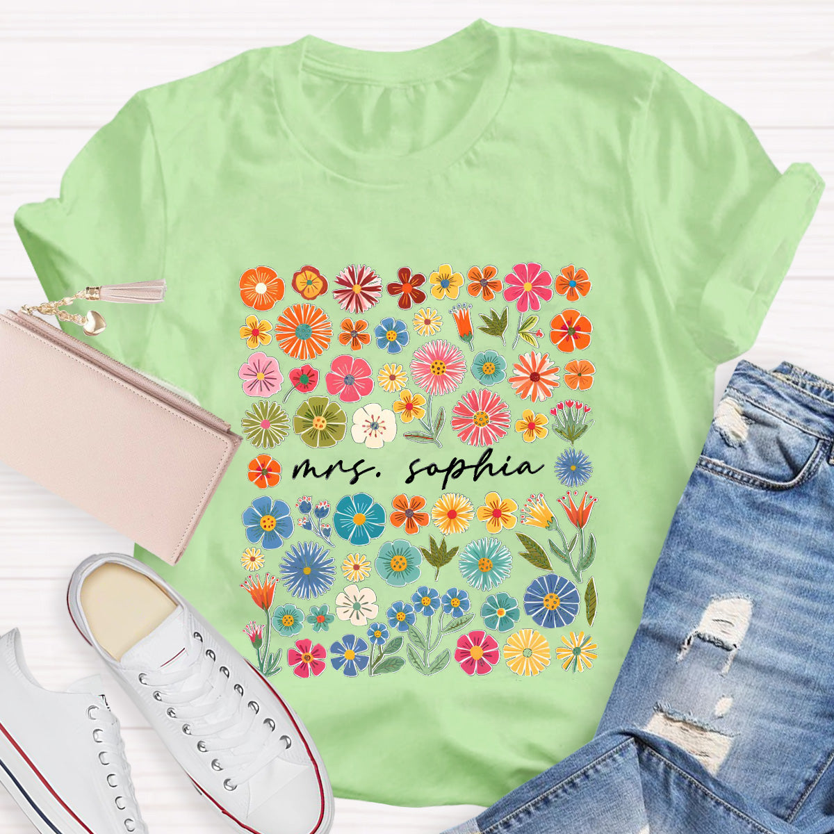 Personalized Name Pink Flowers Teacher T-Shirt