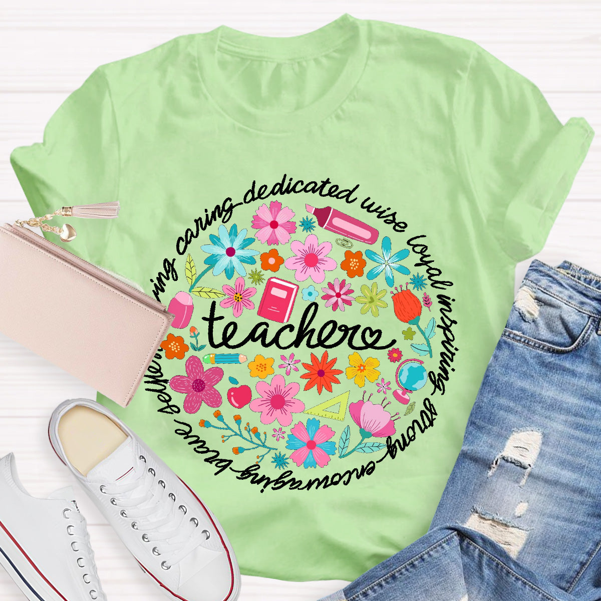 Loving Caring Dedicated Floral Teacher T-Shirt
