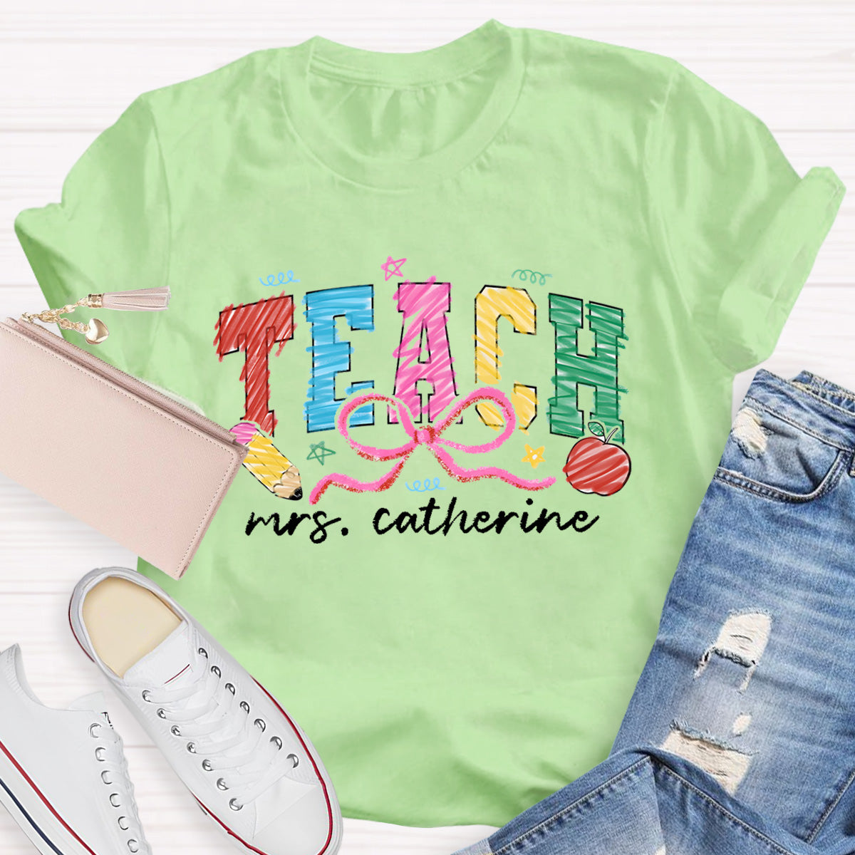 Personalized Name Teach Apple Teacher T-Shirt