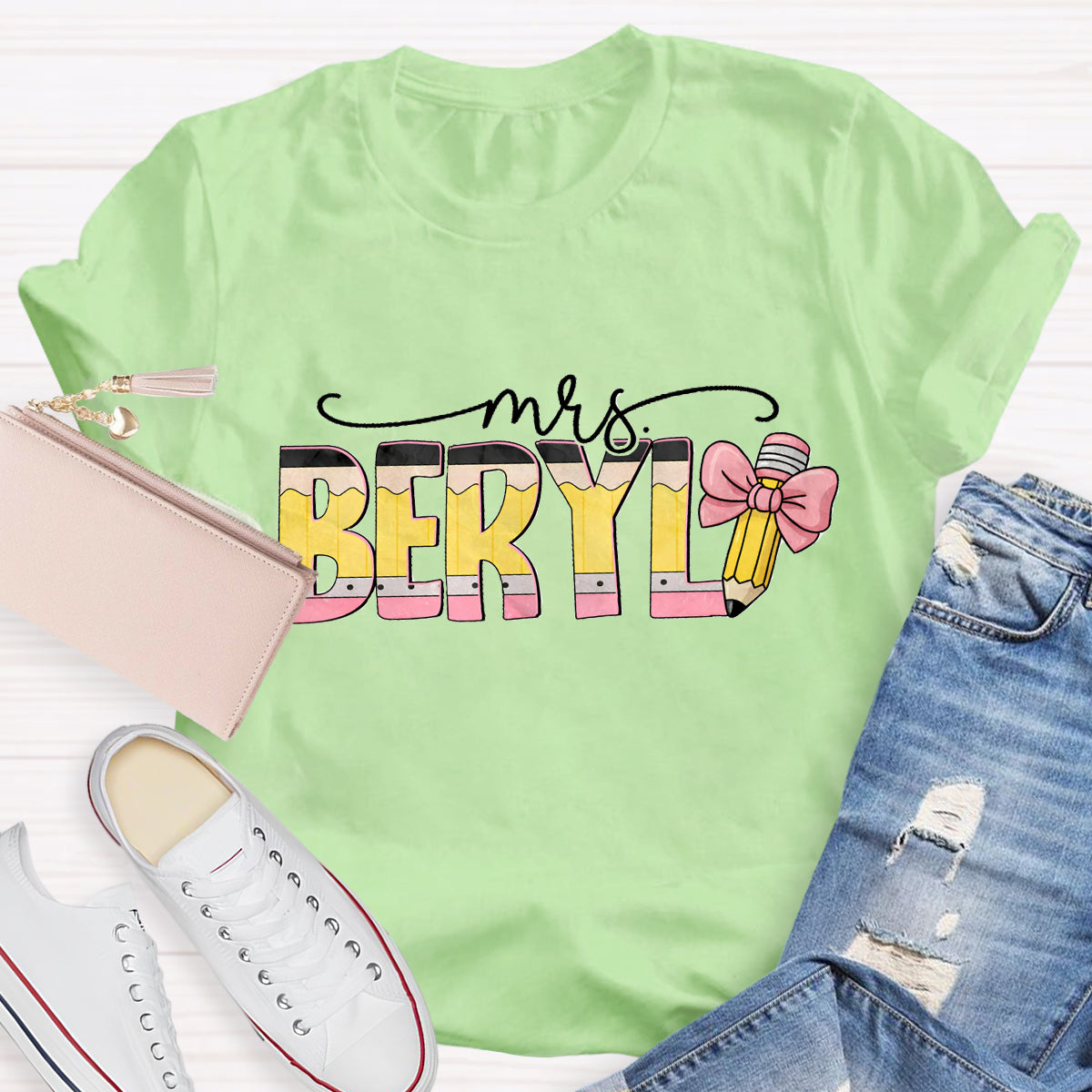 Personalized Teacher Name Pink Pencil T-Shirt