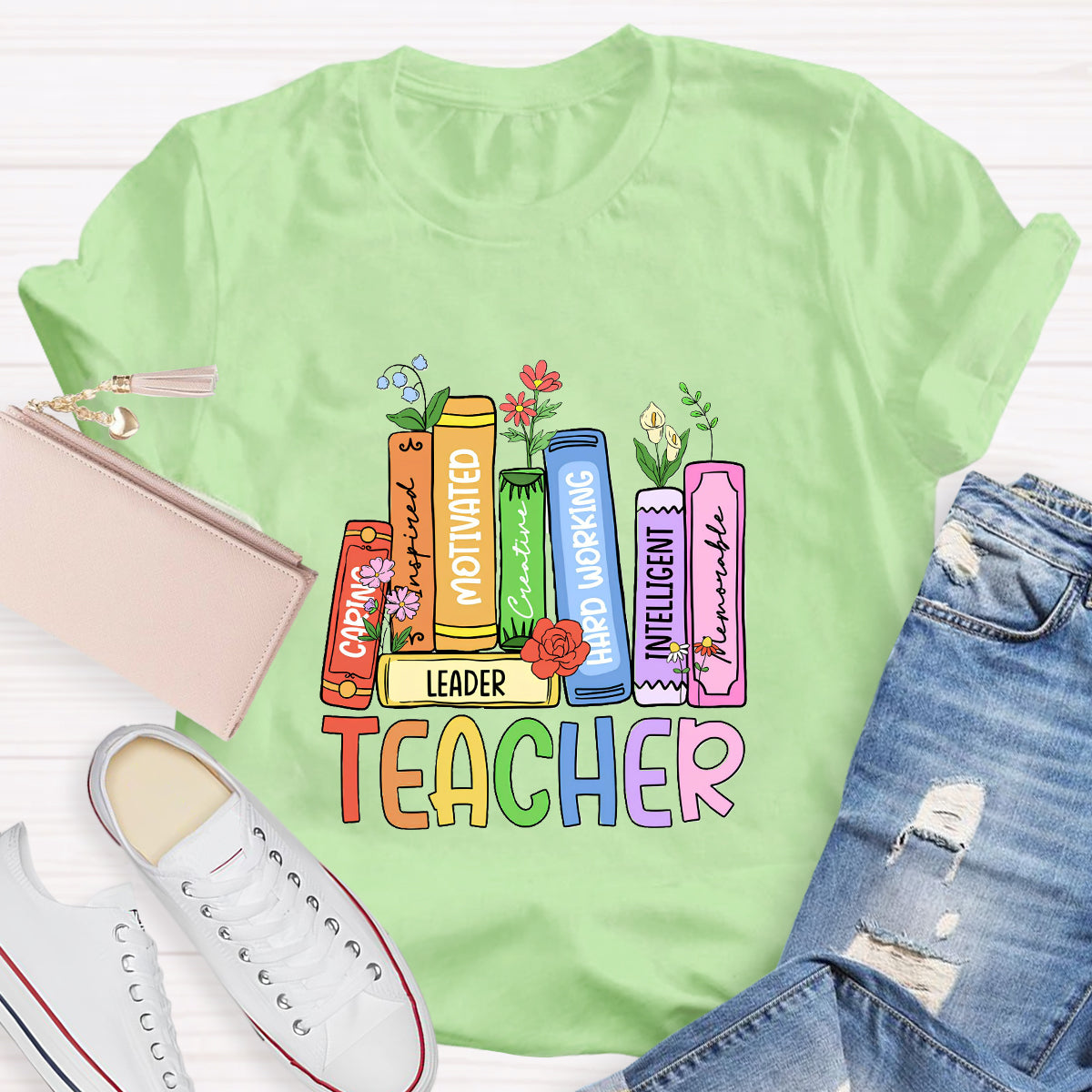 Caring Motivated Floral Books Teacher T-Shirt