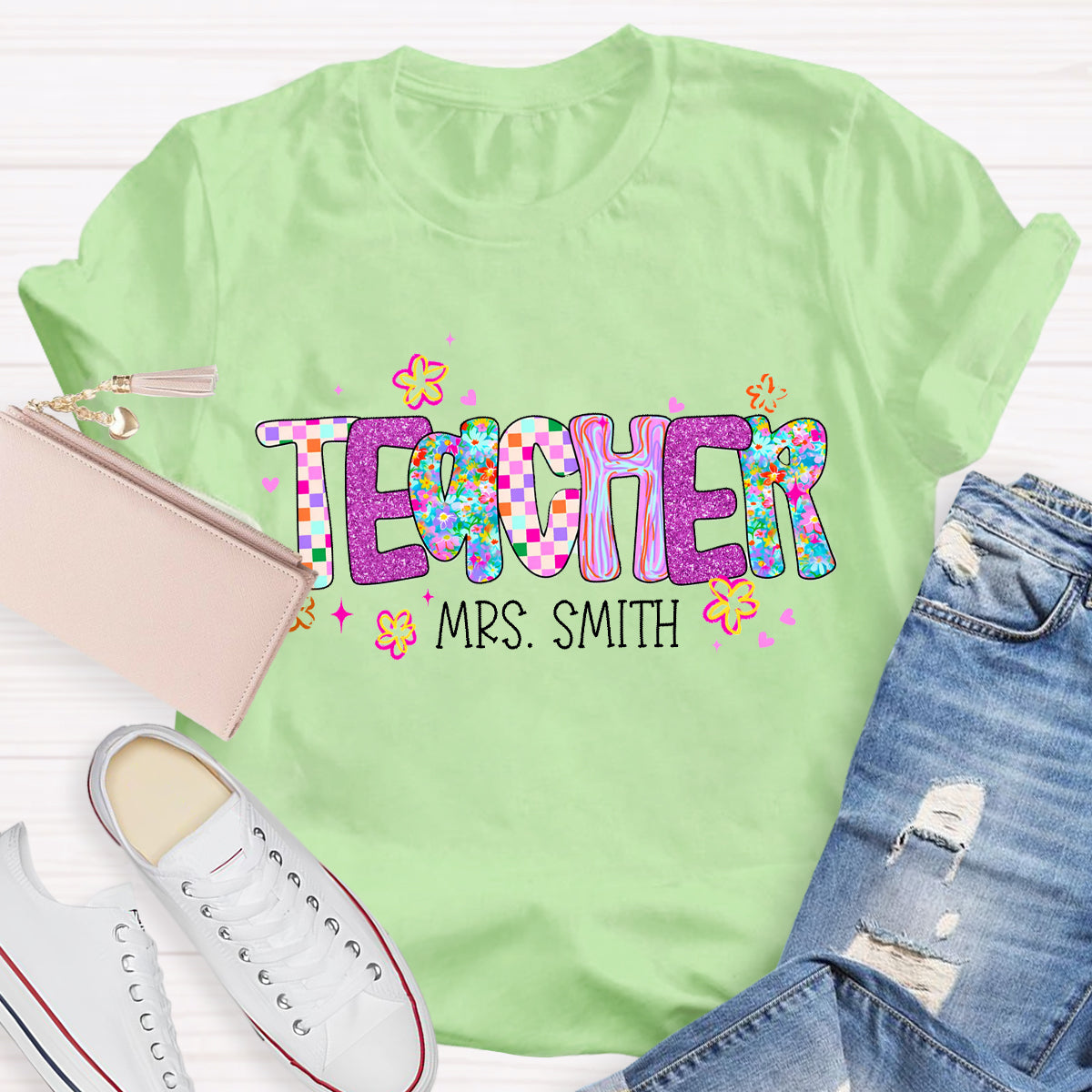 Personalized Teacher Name Pink Plaid T-Shirt