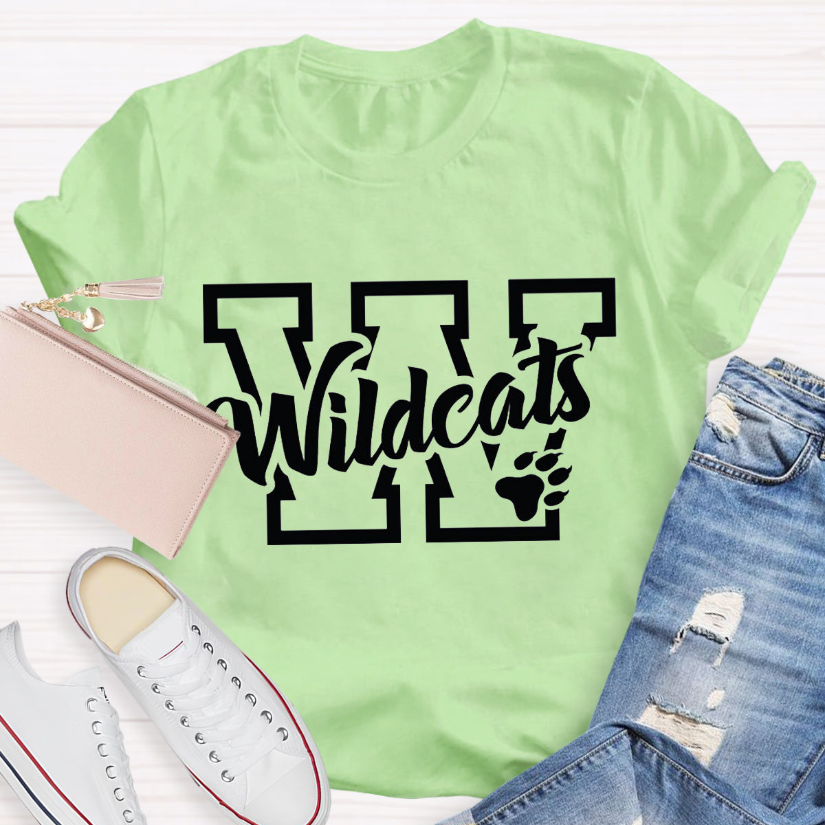 Personalized School Mascot Wildcats Black Letters Teacher T-Shirt