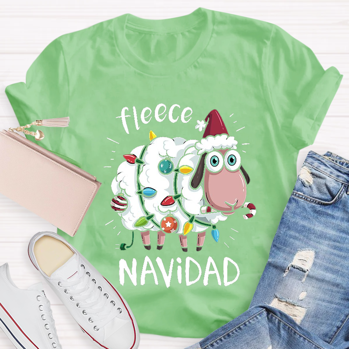 Feliz Navidad Sheep Fleece Funny Christmas Lights Teacher T-Shirt
