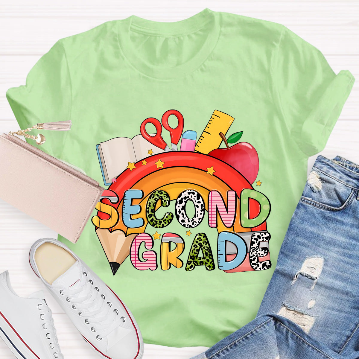 Personalized Grade Pencil Rainbow Second Grade Teacher T-Shirt