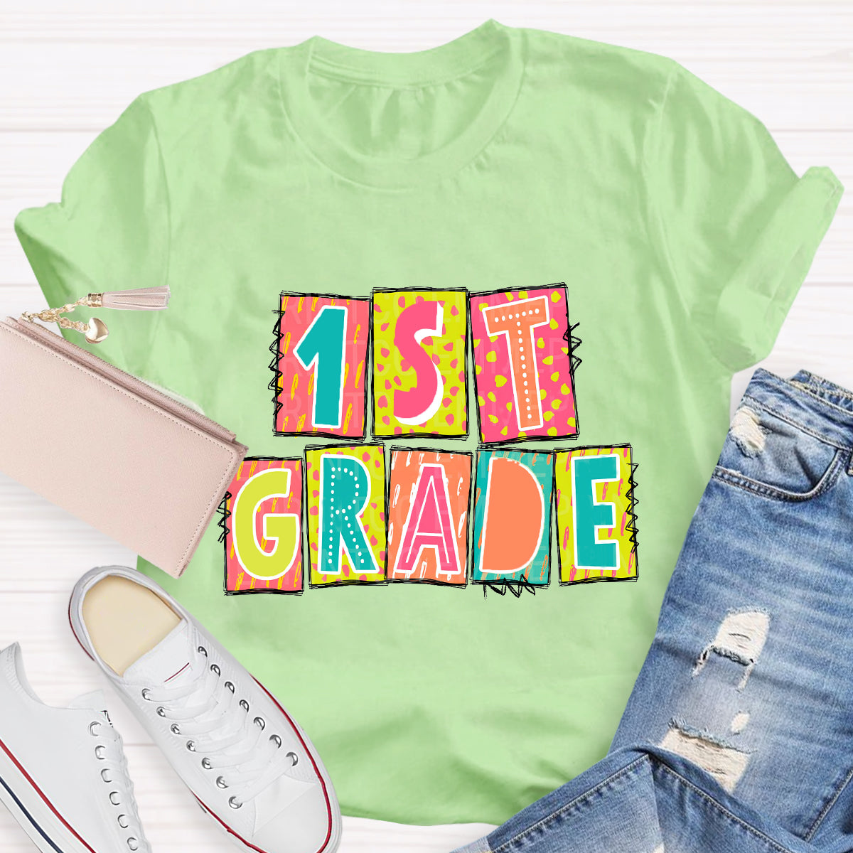 Personalized Grade Personalized Color Block 1st Grade Teacher T-Shirt