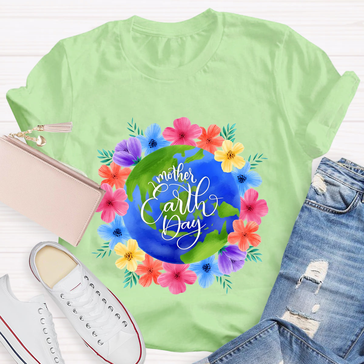 Blue Earth Day Floral Teacher T-Shirt