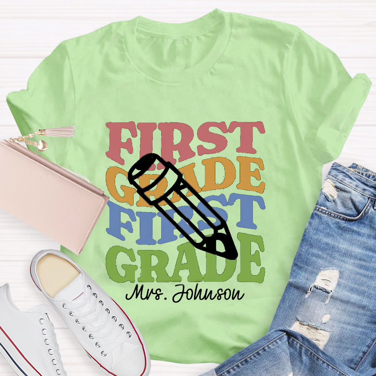 Personalized Teacher Grade And Name Pencil Back To School T-Shirt