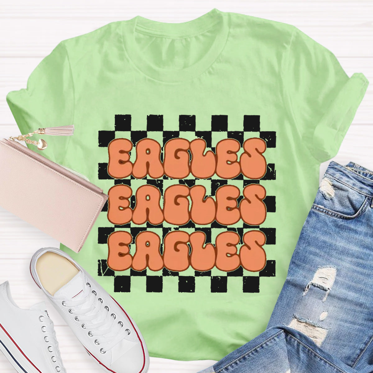 Personalized Mascot Eagles Chessboard pattern Teacher T-Shirt