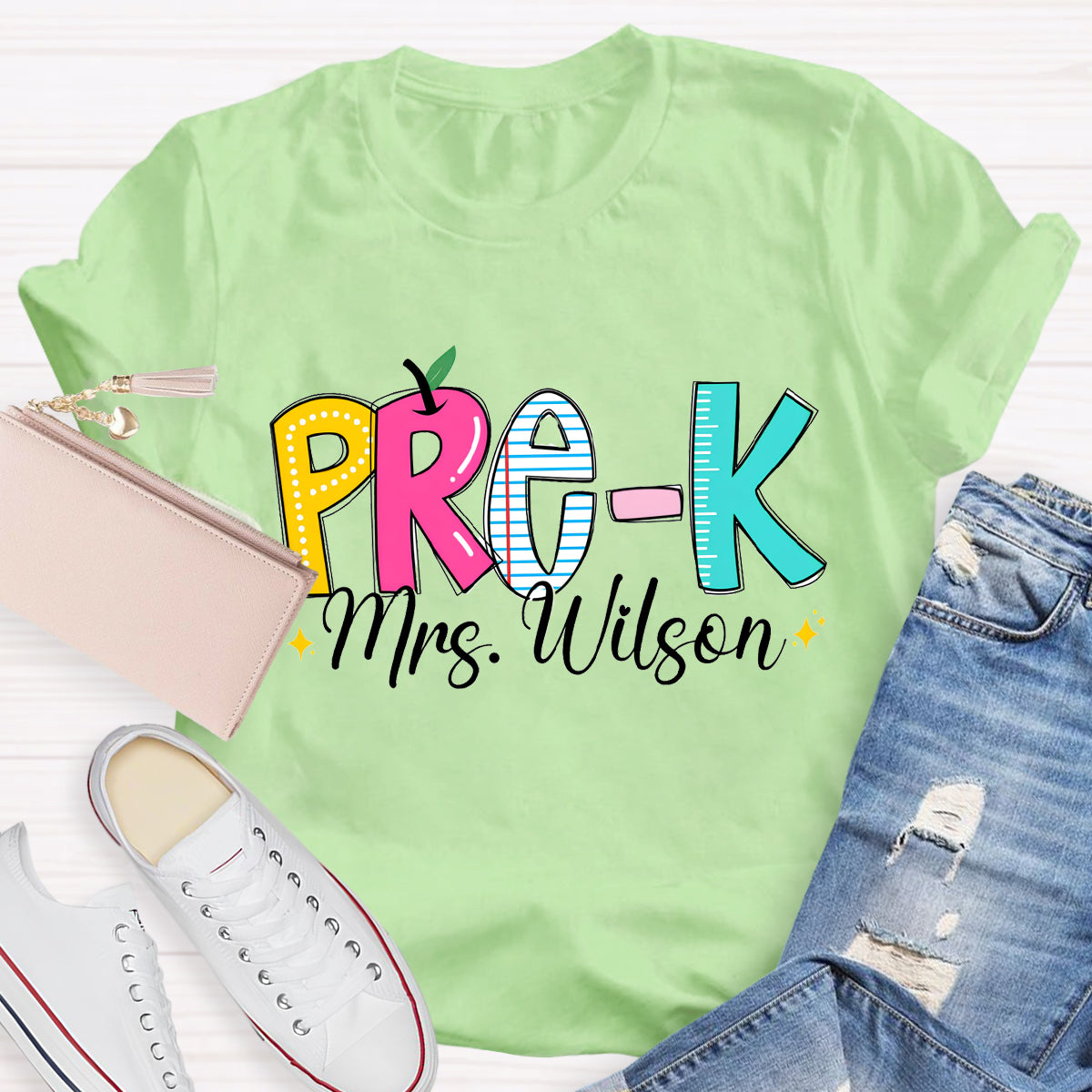 Personalized Grade And Teacher Name Apple Ruler Printed T-Shirt