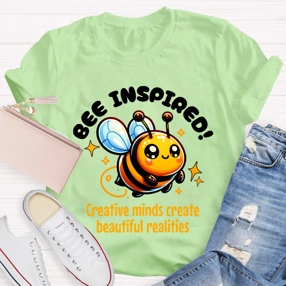 Bee Inspired Creative Minds Create Beautiful Realities Teacher T-Shirt